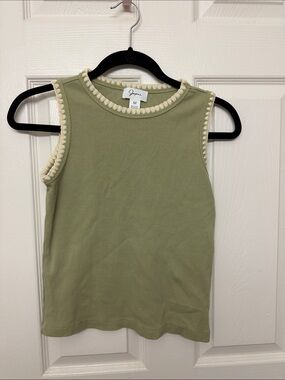 Japna Olive Green Sleeveless Tank with Cream Scallop Trim